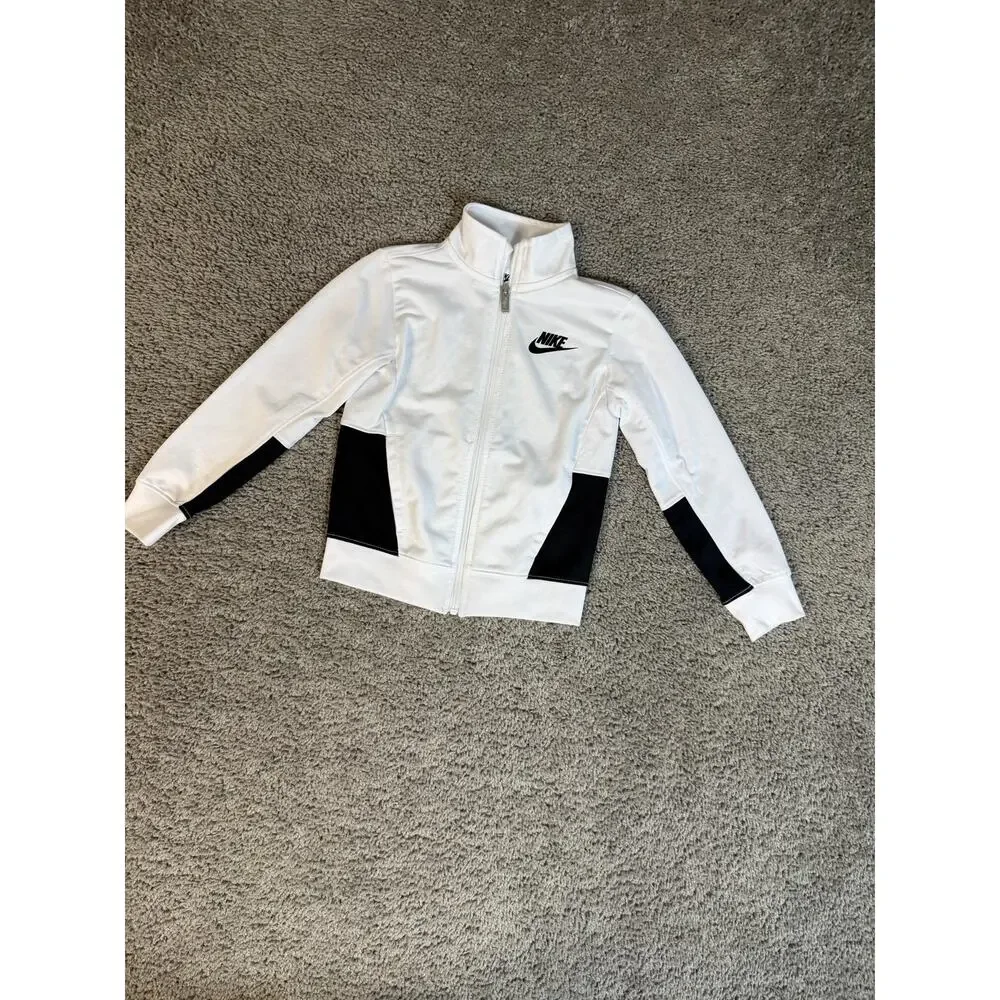 Nike Track Jacket Boys 4 White Black Full Zip Athletic Swoosh Logo Activewear